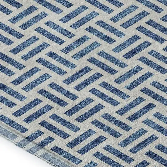 Denim Blue And Ivory Geometric Washable Area Rug With UV Protection Photo 2