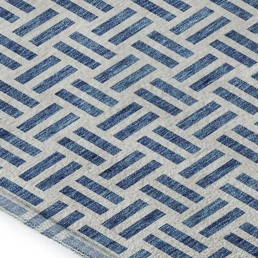 Denim Blue And Ivory Geometric Washable Area Rug With UV Protection Photo 2