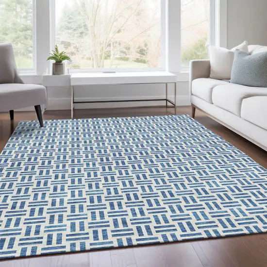 Denim Blue And Ivory Geometric Washable Area Rug With UV Protection Photo 5