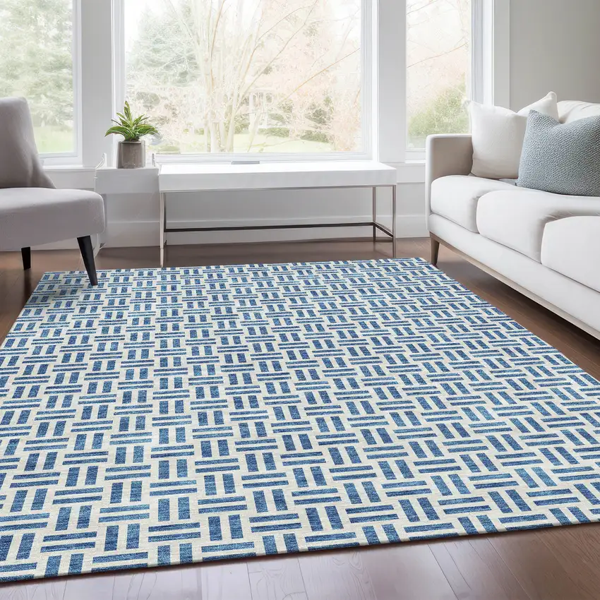 Denim Blue And Ivory Geometric Washable Area Rug With UV Protection Photo 5