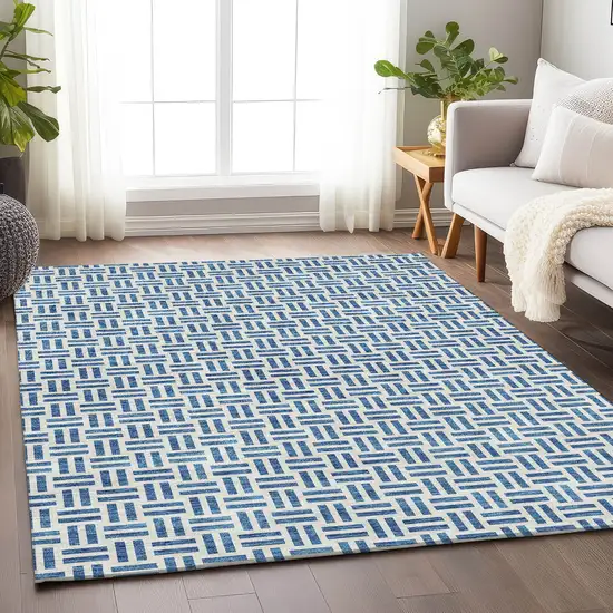 Denim Blue And Ivory Geometric Washable Area Rug With UV Protection Photo 4