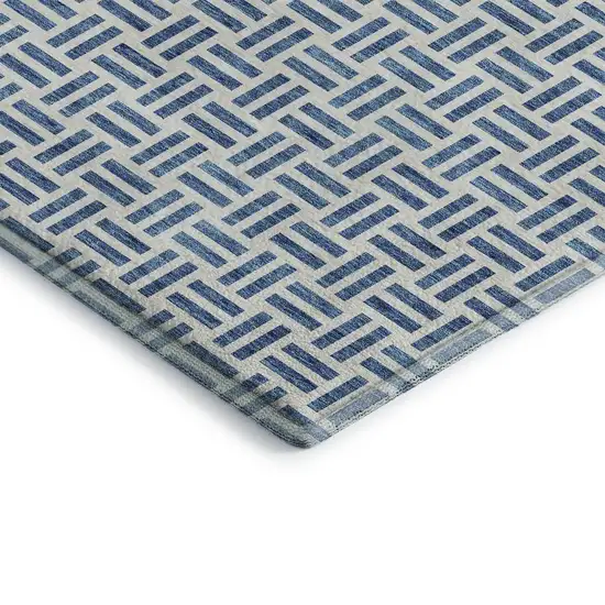 Denim Blue And Ivory Geometric Washable Area Rug With UV Protection Photo 3