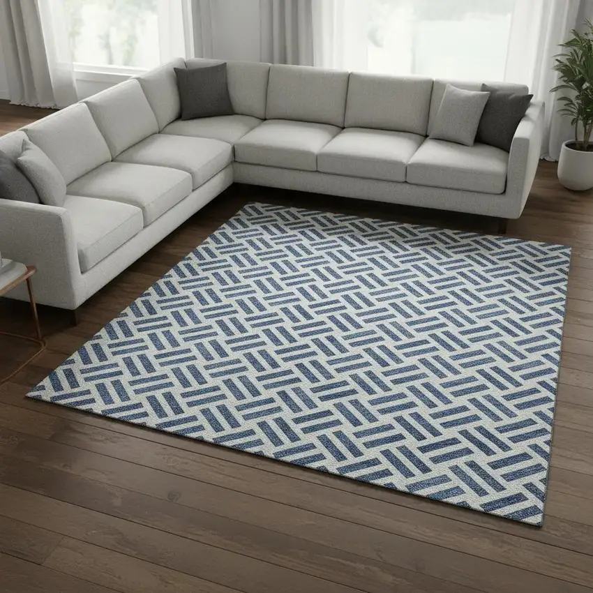 Denim Blue And Ivory Geometric Washable Area Rug With UV Protection Photo 2