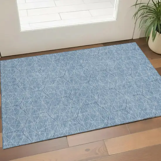 Denim Blue And Ivory Geometric Washable Area Rug With UV Protection Photo 1