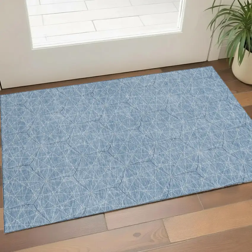 Denim Blue And Ivory Geometric Washable Area Rug With UV Protection Photo 1