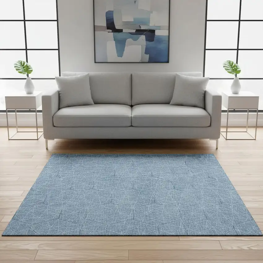 Denim Blue And Ivory Geometric Washable Area Rug With UV Protection Photo 2
