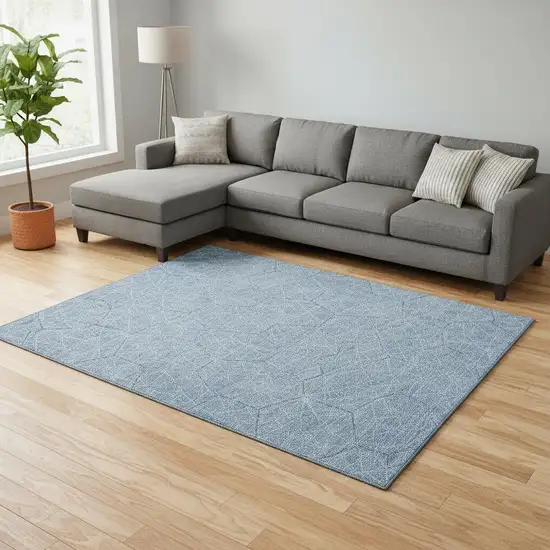 Denim Blue And Ivory Geometric Washable Area Rug With UV Protection Photo 2