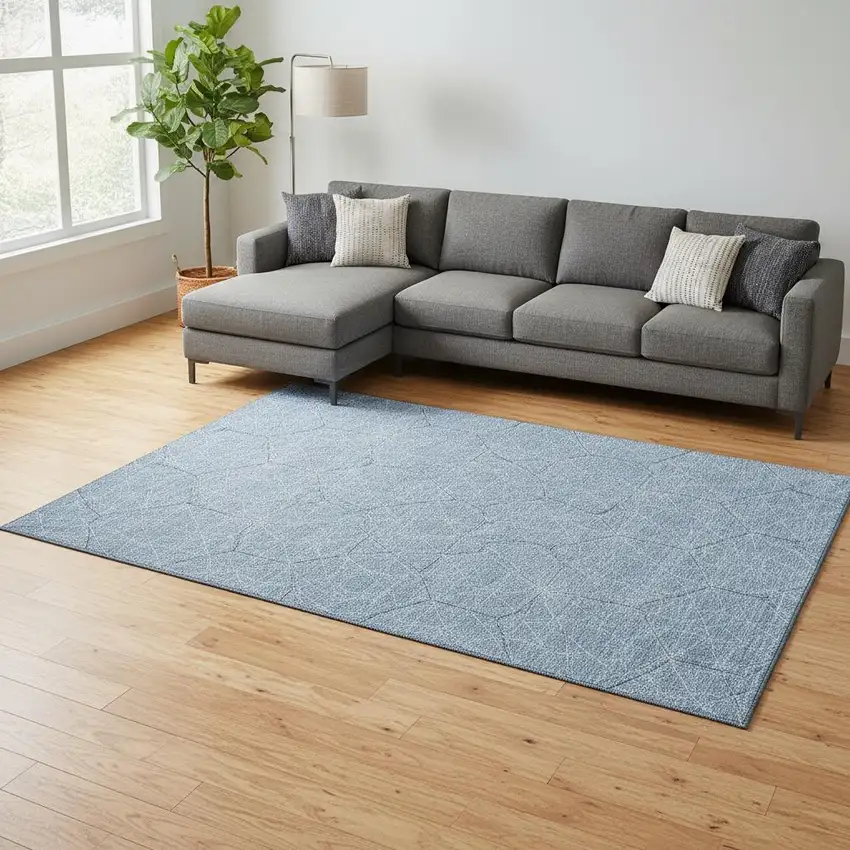 Denim Blue And Ivory Geometric Washable Area Rug With UV Protection Photo 2