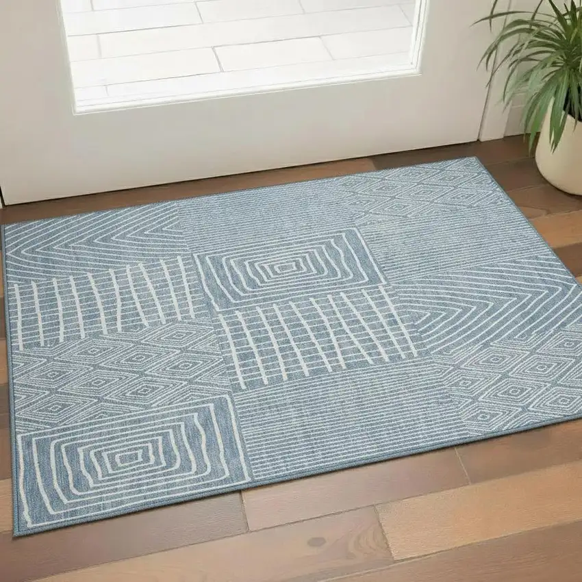 Denim Blue And Ivory Geometric Washable Area Rug With UV Protection Photo 2