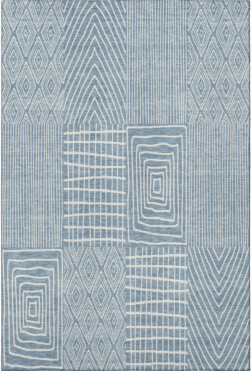Denim Blue And Ivory Geometric Washable Area Rug With UV Protection Photo 3