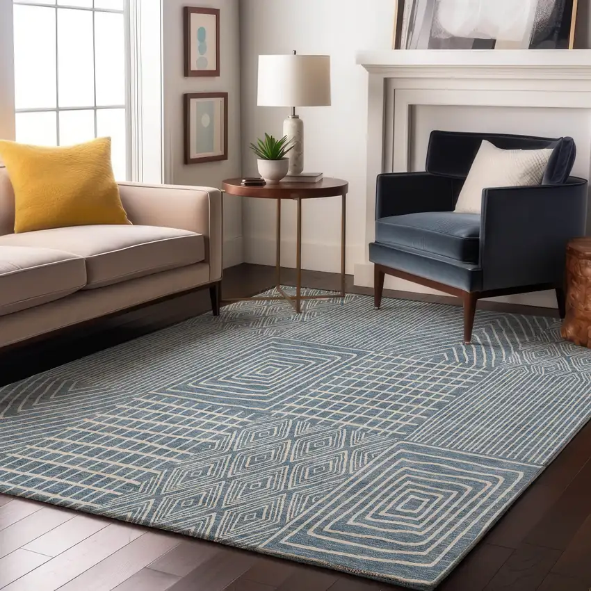 Denim Blue And Ivory Geometric Washable Area Rug With UV Protection Photo 4