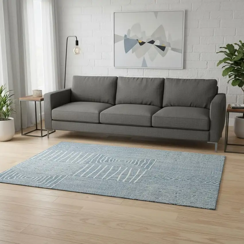 Denim Blue And Ivory Geometric Washable Area Rug With UV Protection Photo 2