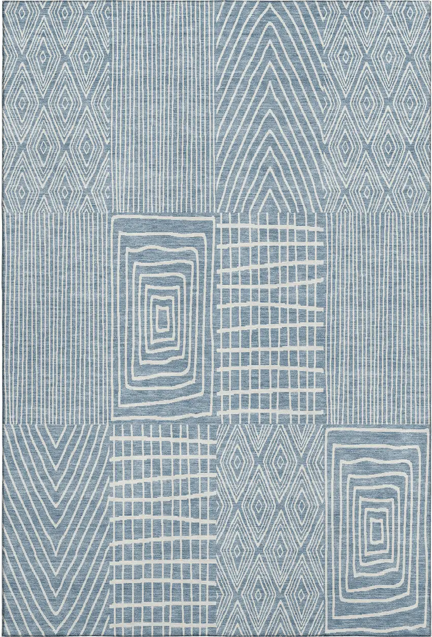 Denim Blue And Ivory Geometric Washable Area Rug With UV Protection Photo 1