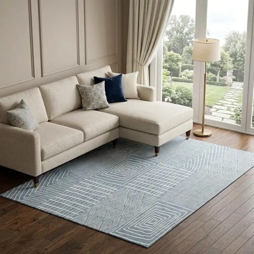 Denim Blue And Ivory Geometric Washable Area Rug With UV Protection Photo 1