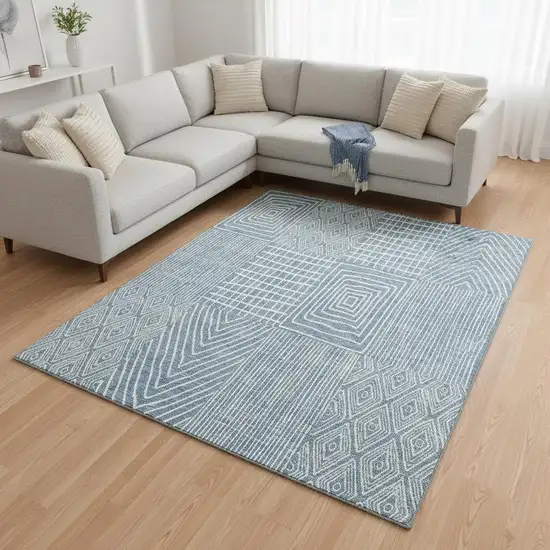 Denim Blue And Ivory Geometric Washable Area Rug With UV Protection Photo 2