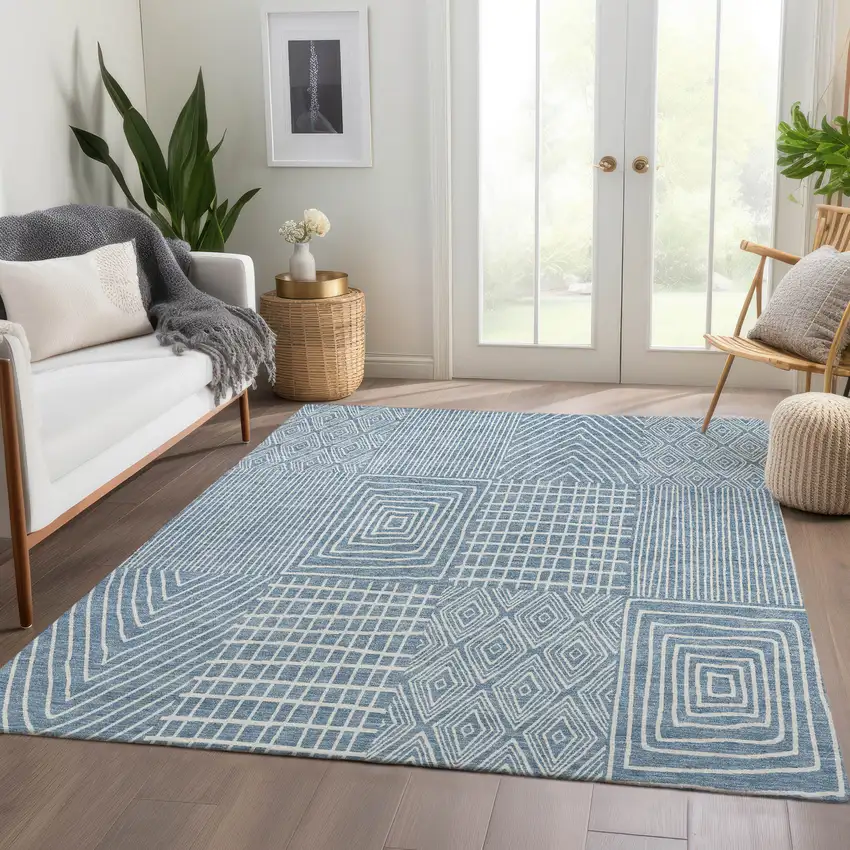 Denim Blue And Ivory Geometric Washable Area Rug With UV Protection Photo 5