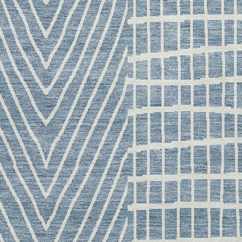 Denim Blue And Ivory Geometric Washable Area Rug With UV Protection Photo 2