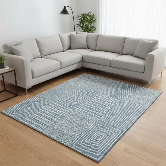 Denim Blue And Ivory Geometric Washable Area Rug With UV Protection Photo 2