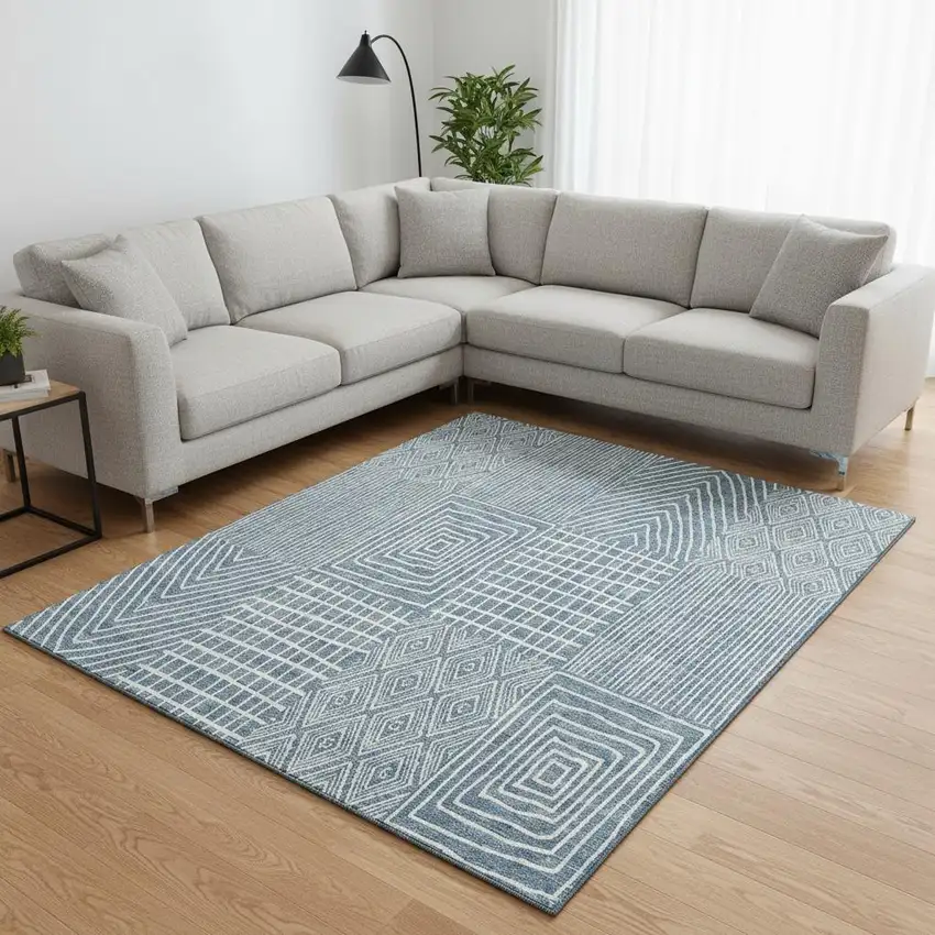 Denim Blue And Ivory Geometric Washable Area Rug With UV Protection Photo 2