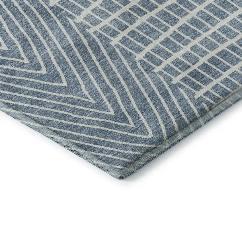 Denim Blue And Ivory Geometric Washable Area Rug With UV Protection Photo 7