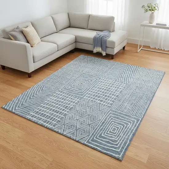 Denim Blue And Ivory Geometric Washable Area Rug With UV Protection Photo 2
