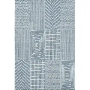 Photo of Denim Blue And Ivory Geometric Washable Area Rug With UV Protection