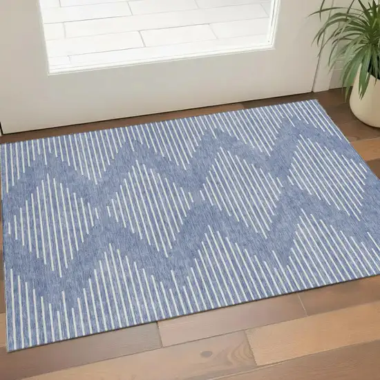 Denim Blue And Ivory Geometric Washable Area Rug With UV Protection Photo 1