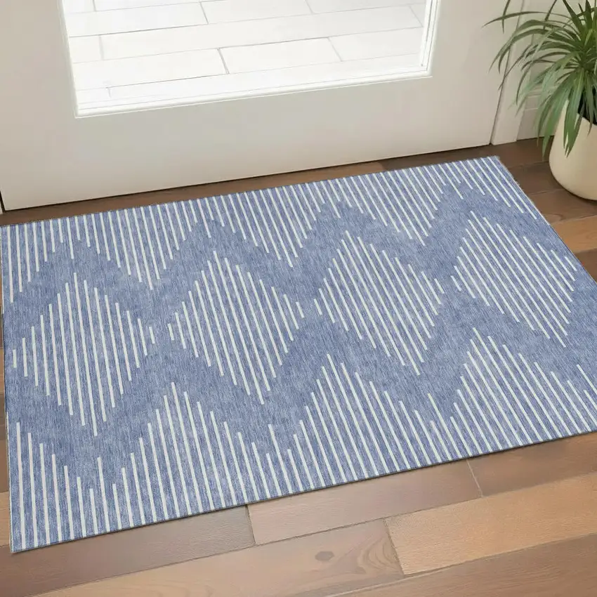 Denim Blue And Ivory Geometric Washable Area Rug With UV Protection Photo 1