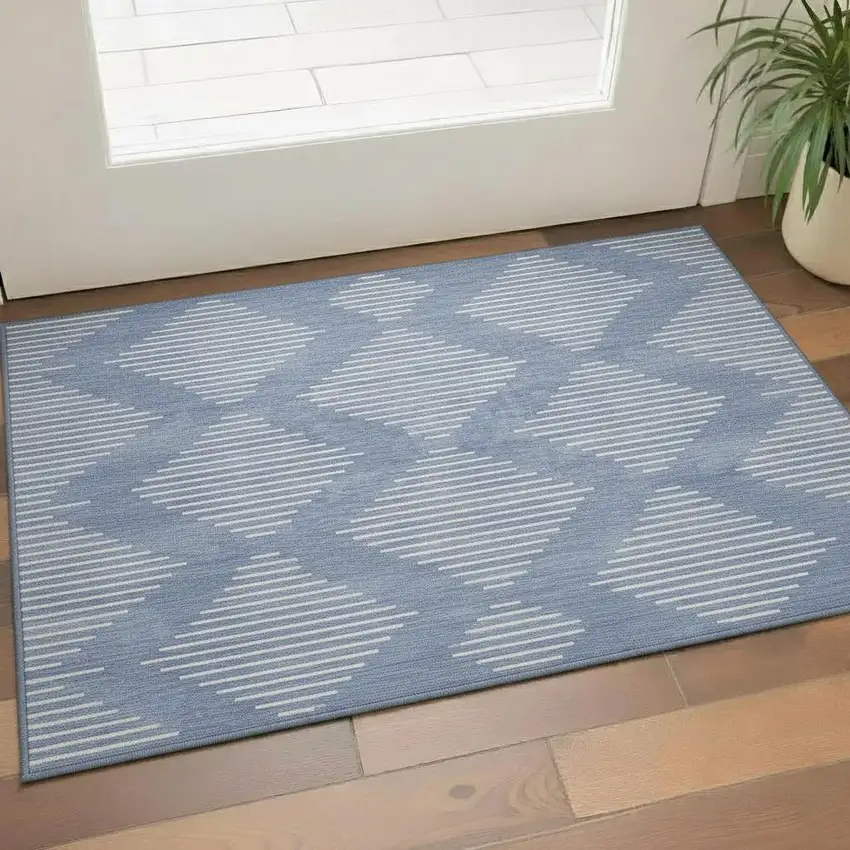 Denim Blue And Ivory Geometric Washable Area Rug With UV Protection Photo 2