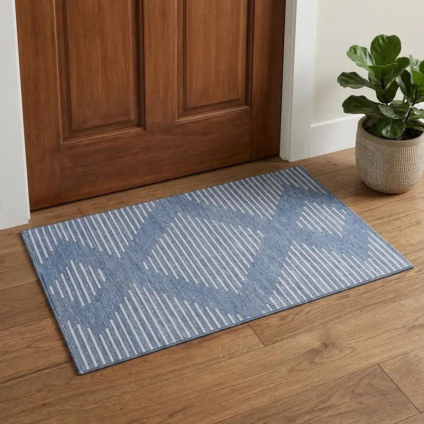 Denim Blue And Ivory Geometric Washable Area Rug With UV Protection Photo 1