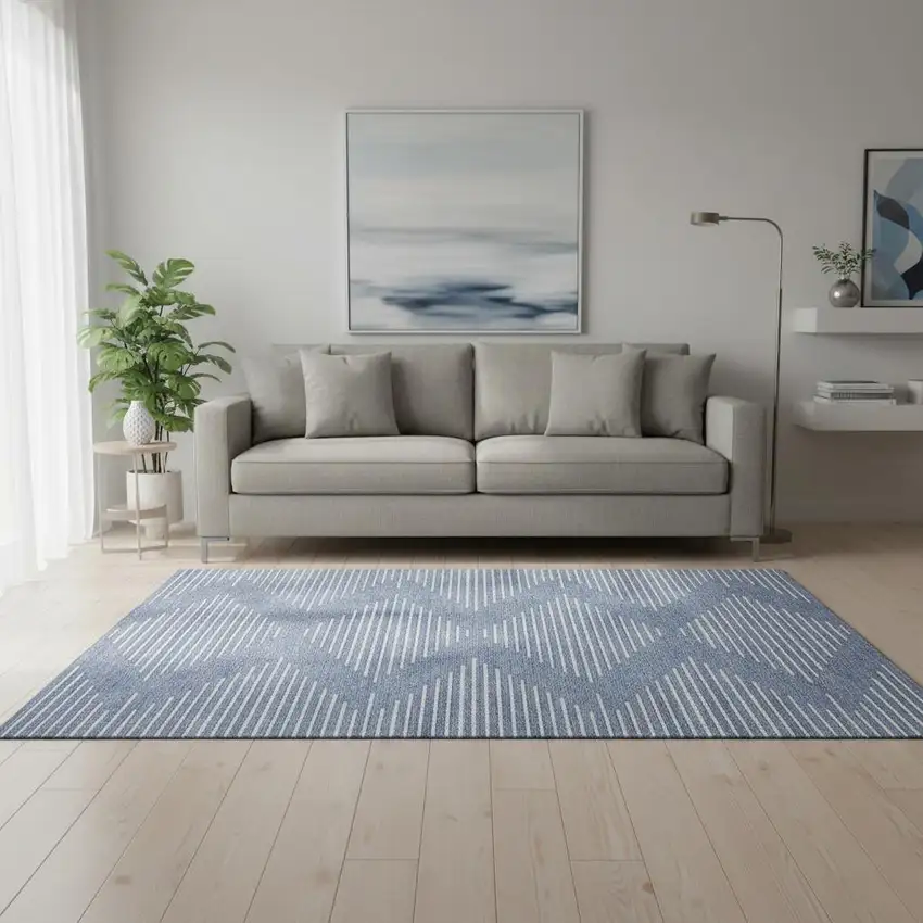 Denim Blue And Ivory Geometric Washable Area Rug With UV Protection Photo 2