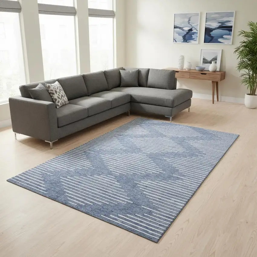 Denim Blue And Ivory Geometric Washable Area Rug With UV Protection Photo 2