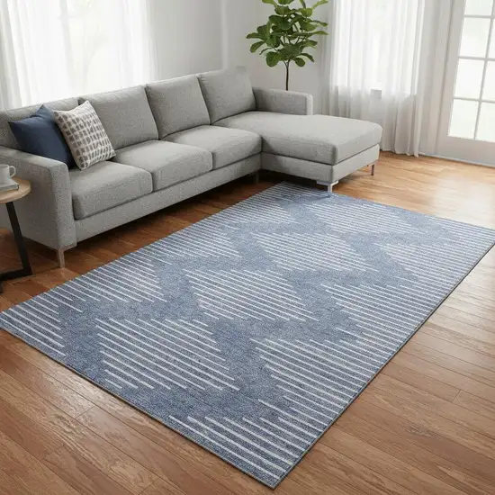 Denim Blue And Ivory Geometric Washable Area Rug With UV Protection Photo 2