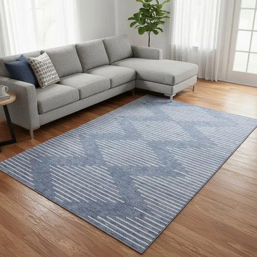 Denim Blue And Ivory Geometric Washable Area Rug With UV Protection Photo 2