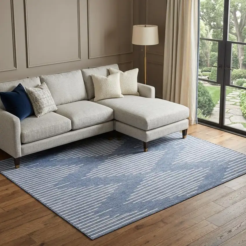 Denim Blue And Ivory Geometric Washable Area Rug With UV Protection Photo 1