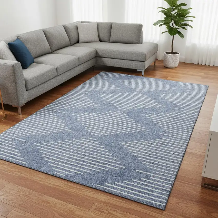 Denim Blue And Ivory Geometric Washable Area Rug With UV Protection Photo 2