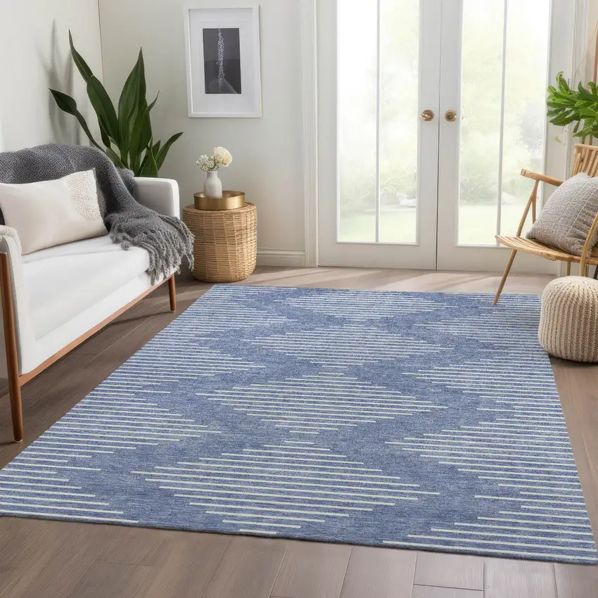 Denim Blue And Ivory Geometric Washable Area Rug With UV Protection Photo 4