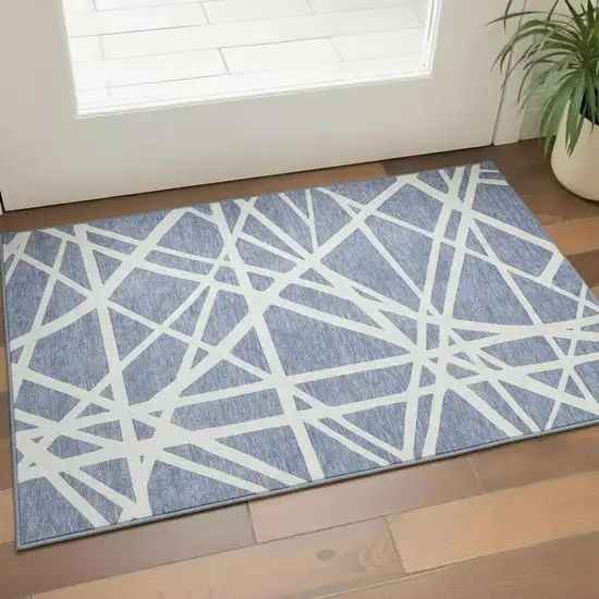 Denim Blue And Ivory Geometric Washable Area Rug With UV Protection Photo 2