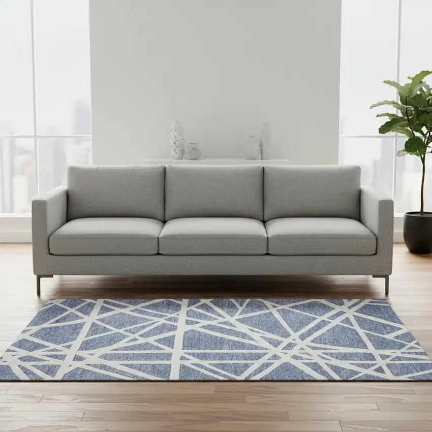 Denim Blue And Ivory Geometric Washable Area Rug With UV Protection Photo 2