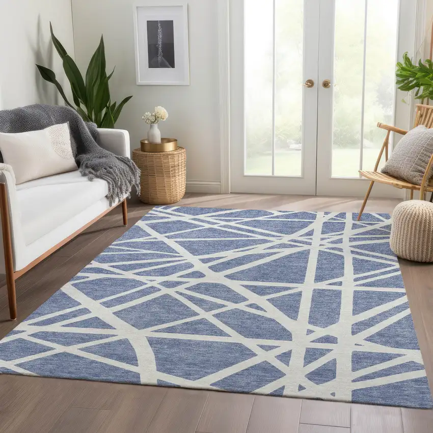 Denim Blue And Ivory Geometric Washable Area Rug With UV Protection Photo 5
