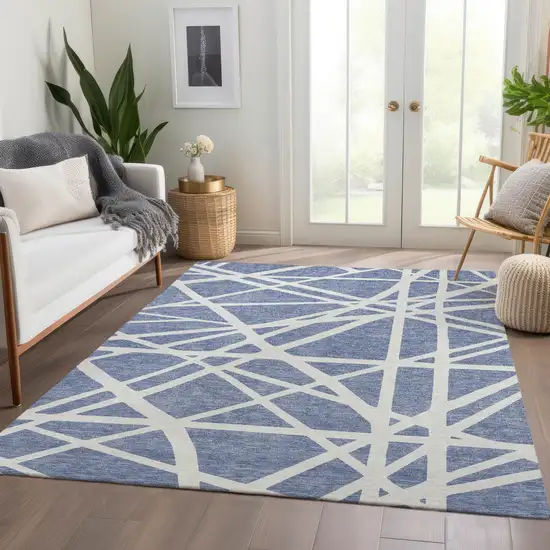 Denim Blue And Ivory Geometric Washable Area Rug With UV Protection Photo 5