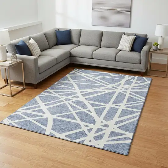 Denim Blue And Ivory Geometric Washable Area Rug With UV Protection Photo 2