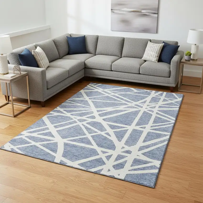 Denim Blue And Ivory Geometric Washable Area Rug With UV Protection Photo 2