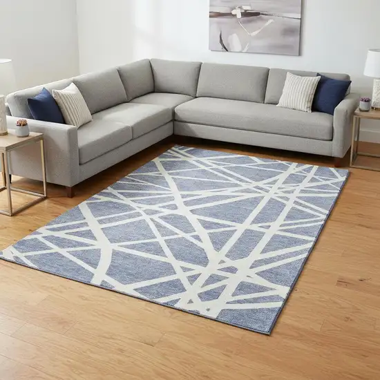 Denim Blue And Ivory Geometric Washable Area Rug With UV Protection Photo 2