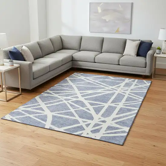 Denim Blue And Ivory Geometric Washable Area Rug With UV Protection Photo 1