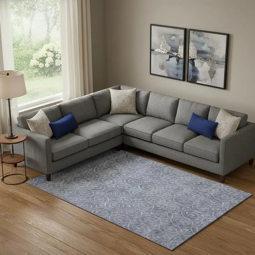 Denim Blue And Ivory Geometric Washable Area Rug With UV Protection Photo 2