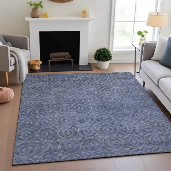 Denim Blue And Ivory Geometric Washable Area Rug With UV Protection Photo 5