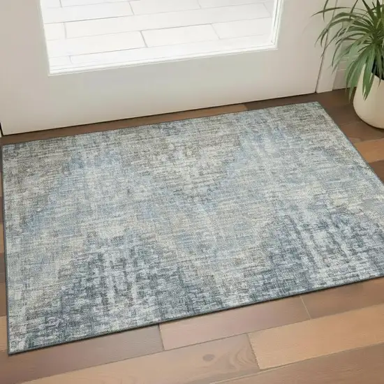 Denim Blue And Ivory Geometric Washable Area Rug With UV Protection Photo 2