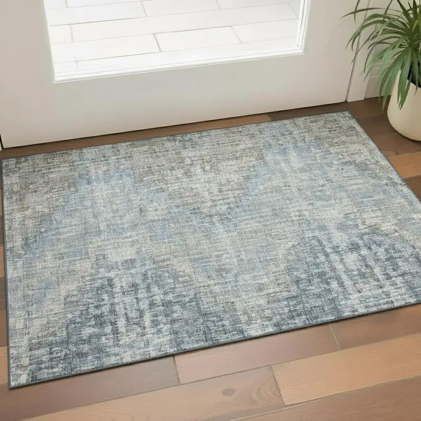 Denim Blue And Ivory Geometric Washable Area Rug With UV Protection Photo 2
