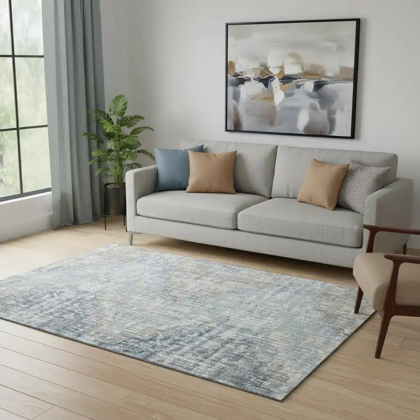 Denim Blue And Ivory Geometric Washable Area Rug With UV Protection Photo 1